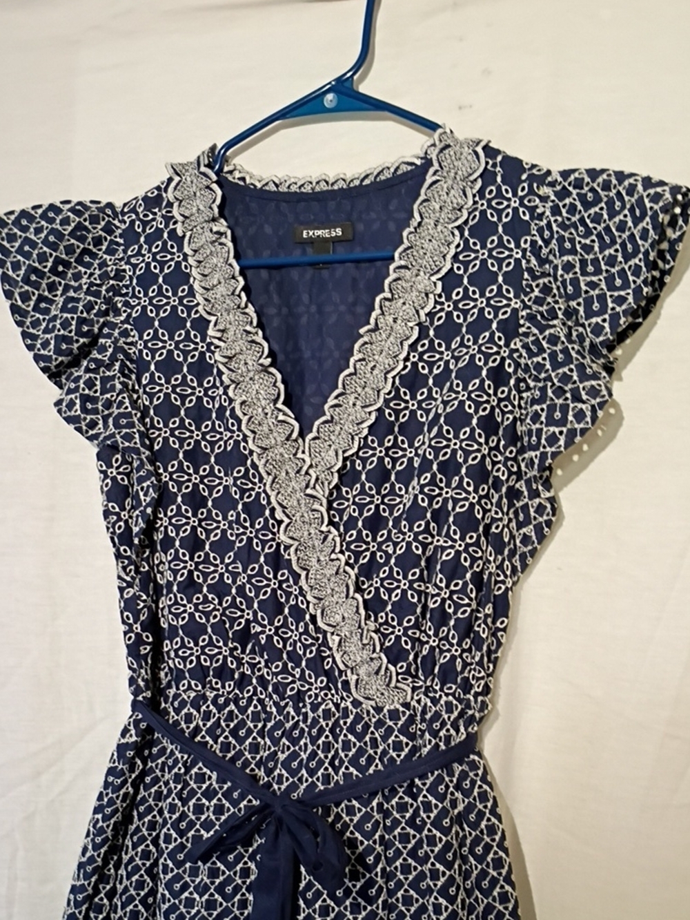 Express Navy Cotton Wrap Midi Dress with White Lace Trim, Sz 4, NWOT - Picture 8 of 16